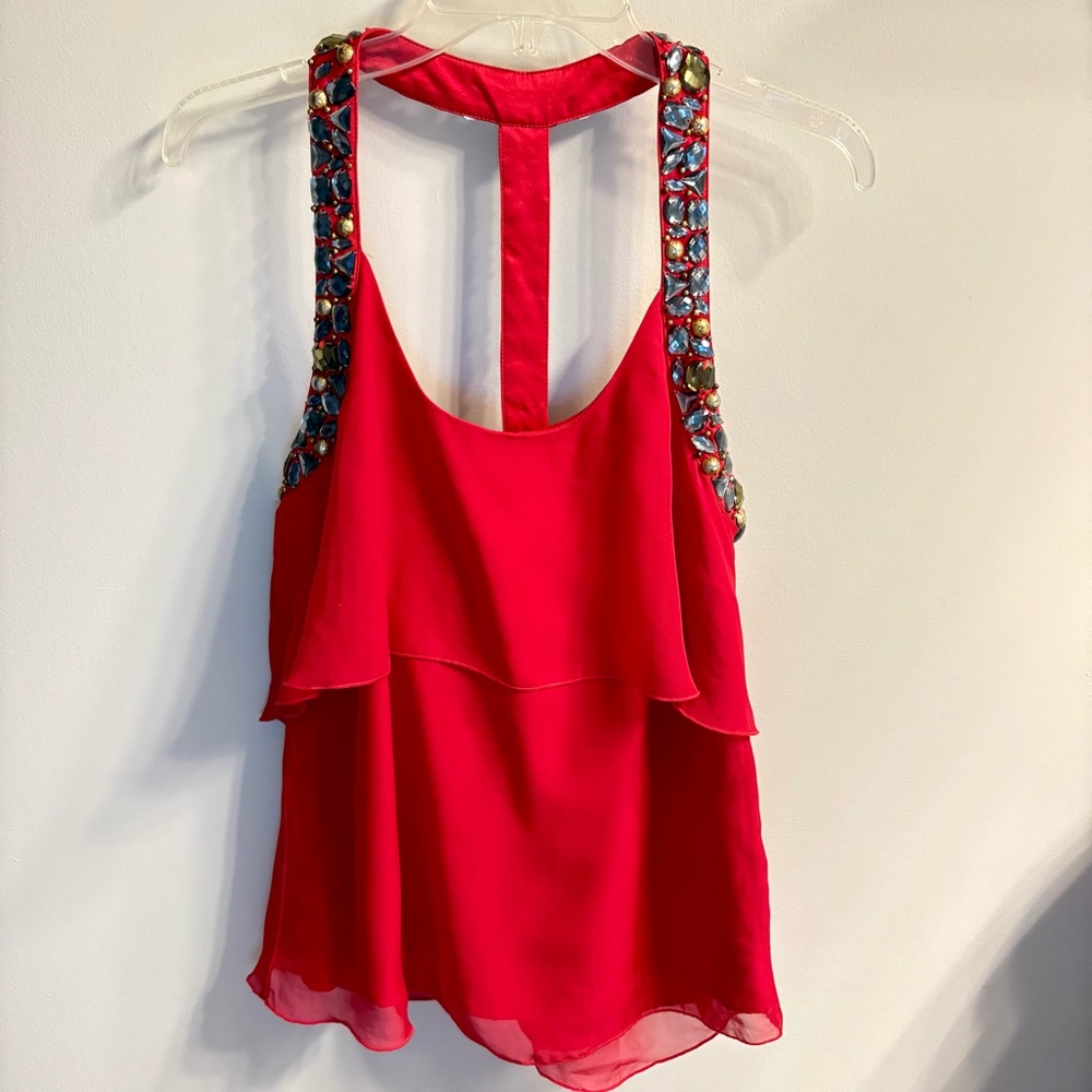 Bebe Jeweled Red Fancy Chiffon Racerback Tank Size M